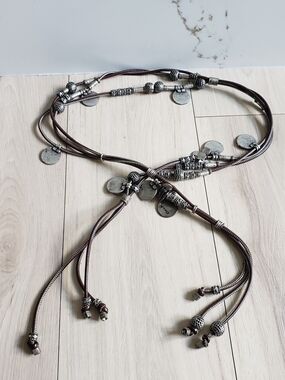 Vintage Etro Italian Multi-Strand Leather Belt Silver Coin Charms Made in Italy